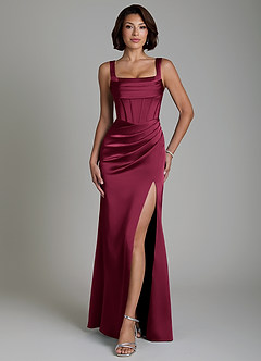 Azazie Amora Bridesmaid Dresses Burgundy Mermaid Corset Stretch Satin Dress image1