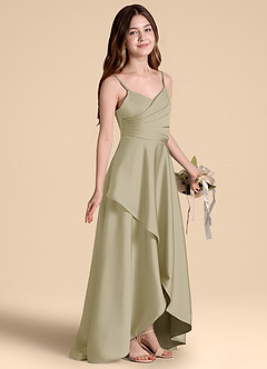 Azazie Prisha Junior Abito A-Line in Raso Elasticizzato Plissettato Verde Muschio image1