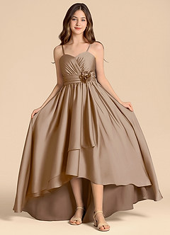 Azazie Catalina Junior Vestido de Gris Pardo de Satén Elástico de Corte en A con Escote de Corazón image4