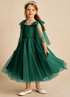 Azazie Dori Robe Demoiselle D'honneur Fillette Robe Trapèze en Tulle Rayé émeraude image5