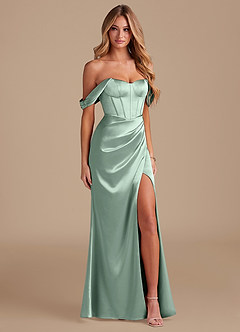 Azazie Asha Bridesmaid Dresses Agave Sheath Off the Shoulder Metallic Satin Dress image4