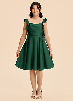 Azazie Kira Junior Vestido Verde Oscuro de Satén Elástico de Corte en A con Drapeado image3