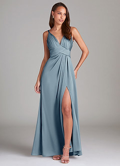 Azazie Maren Allure Abiti da Damigella Abito A-Line in Raso Elasticizzato Pizzo Blu Polveroso image3