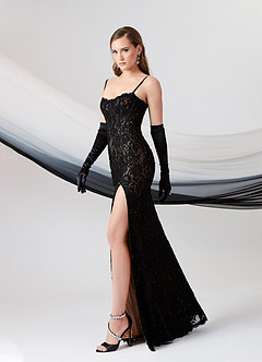 Azazie Esmeray Wedding Dresses Black Nude A-Line Sequins Stretch Satin Dress image9