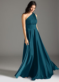 Azazie Charlize Robes de demoiselle d'honneur Robe Trapèze en Satin extensible Asymétrique Bleu Encre image3