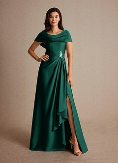Azazie Branford Mother of the Bride Dresses Emerald A-Line Pleated Stretch Satin Dress image5