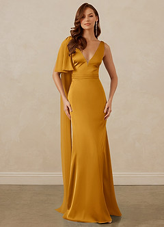 Christian Siriano Bridal for Azazie 1011 Bridesmaid Dresses Butterscotch Mermaid Bow Stretch Satin Dress image1