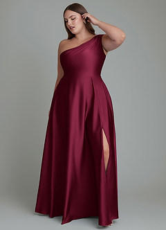 Azazie Melanie Vestidos de damas de honor Vestido Borgoña de Satén Elástico de Línea A con Hombros descubiertos image3