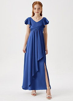 Azazie Omari Junior Royal Blue A-Line Pleated Stretch Satin Dress image4