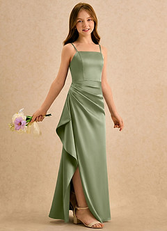 Azazie Cannoli Girls Formal Flower Girl Dresses Pistachio A-Line Pleated Stretch Satin Dress image1