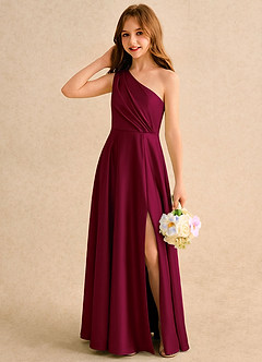 Azazie Puddles Girls Formal Robe Demoiselle D'honneur Fillette Robe Trapèze en Satin extensible Une épaule Bourgogne image3