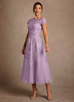 Azazie Jolanda 신부의 어머니 드레스 A라인 레이스 티 길이 드레스 image4