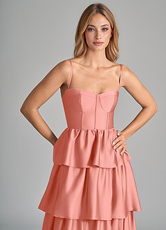 Azazie Faye Bridesmaid Dresses Coral A-Line Ruched Stretch Satin Dress image2