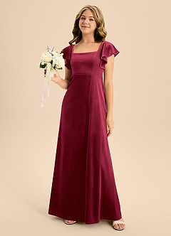 Azazie Bondi Junior Burgundy A-Line Bow Velvet Dress image4