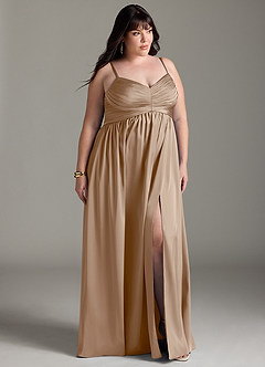 Azazie Alia Bridesmaid Dresses Taupe A-Line Pleated Stretch Satin Dress image12