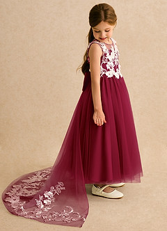 Azazie Mixie vestidos de niña de las flores Vestido de Borgoña de Encaje de Corte Princesa image3