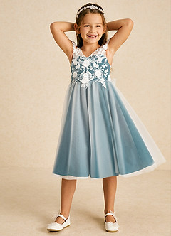 Azazie Sunnie Abiti da Ragazza di Fiori Abito A-Line in Tulle Pizzo Blu Inchiostro image4