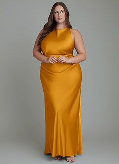 Azazie Evadne Bridesmaid Dresses Butterscotch Sheath Pleated Stretch Satin Dress image10