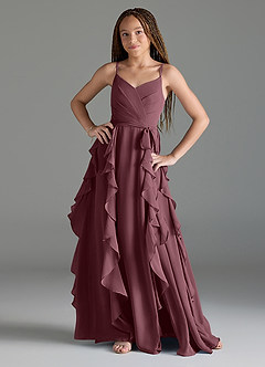 Azazie Peyton Junior Sangria A-Line V-Neck Cascading Ruffles Chiffon Dress image1