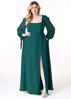 Azazie Leonia Bridesmaid Dresses Peacock A-Line Long Sleeve Chiffon Dress image11