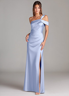 Azazie Wynter Bridesmaid Dresses Ice Sheath Off the Shoulder Stretch Satin Dress image1