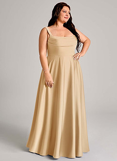 Azazie Shaude Vestidos de damas de honor Vestido de Oro de Satén Elástico de Corte en A con Plisado image3