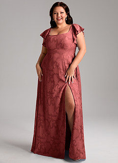Azazie Bondi Bridesmaid Dresses Terracotta A-Line Side Slit Floral Burnout Dress image7