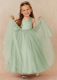 Azazie Marybell Flower Girl Dresses Dusty Sage A-Line Bow Tulle Dress image3