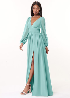 Azazie Norah Bridesmaid Dresses Aqua A-Line V-Neck Long Sleeve Chiffon Dress image4