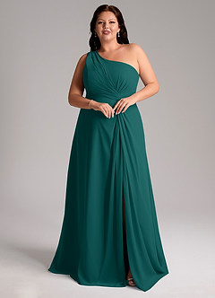 Azazie Brooke Bridesmaid Dresses Peacock A-Line One Shoulder Chiffon Dress image10