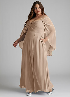 Azazie Cienna Robes de demoiselle d'honneur Robe Trapèze en Mousseline de soie Manche longue Taupe image10