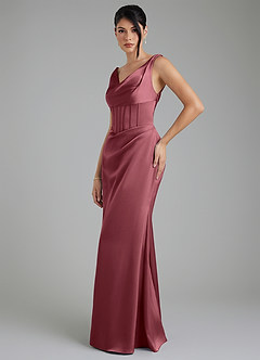 Azazie Spencer Robes de demoiselle d'honneur Robe Sirène en Satin extensible Plissée Rose Du Désert image3