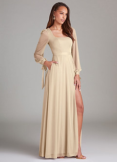 Azazie Leonia Brautjungfernkleider A-Linie Langarm Gittergewebe Kleid Champagner image3