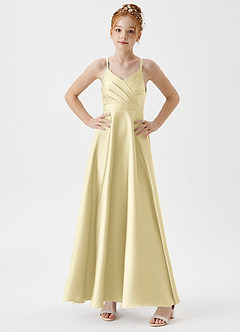 Azazie Avelina Junior Lemon Sorbet A-Line Pleated Stretch Satin Dress image3