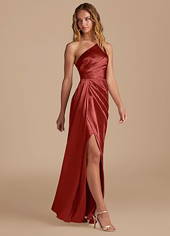 Azazie Mika Bridesmaid Dresses Rust Sheath One Shoulder Metallic Satin Dress image4