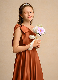 Azazie Guppy Girls Formal Flower Girl Dresses Burnt Orange A-Line One Shoulder Matte Satin Dress image6