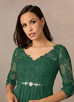Azazie Hayek Kleider für die Brautmutter A-Linie V-Hals Spitze Chiffon Kleid Dunkelgrün image3