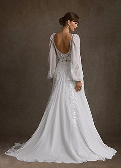 Azazie Keylani Wedding Dresses Diamond White Champagne A-Line Lace Dress image2