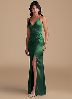 Azazie Shania Bridesmaid Dresses Dark Green Sheath Pleated Metallic Satin Dress image6
