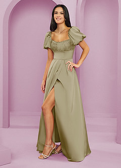 Barbie ♥ Azazie Bridesmaid Dresses Moss Green A-Line Ruched Stretch Satin Dress image3