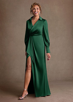 Azazie Jacinta Mother of the Bride Dresses Dark Green Sheath Pleated Stretch Satin Dress image2