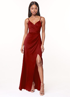Azazie Maci Robes de demoiselle d'honneur Robe Trapèze en Satin extensible Col V plissé Grenade image1