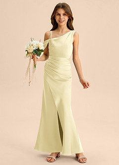 Azazie Madelyn Junior Osłona Zza ramienia Satyna elastyczna Długość podłogi Młodsza druhna Sukienka image1