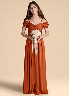 Azazie Kaitlynn Junior A-Linie Schulterfrei Stretch-Satin Kleid Gebranntes Orange image4