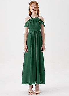 Azazie Chaya Junior Dark Green A-Line Off the Shoulder Chiffon Dress image3