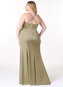 Azazie Marzia Bridesmaid Dresses Moss Green Sheath Cowl Pleated Stretch Satin Dress image14