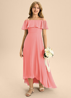 Azazie Maggie Junior Coral A-Line Off the Shoulder Chiffon Dress image3