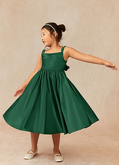 Azazie Cutie Pie Flower Girl Dresses Dark Green A-Line Pleated Matte Satin Dress image3