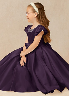 Azazie Jewel Flower Girl Dresses Plum Ball-Gown Pleated Matte Satin Dress image3