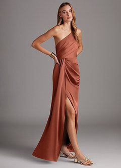 Azazie Mika Brautjungfernkleider Etui One-Shoulder Stretch-Satin Kleid Lehm image4